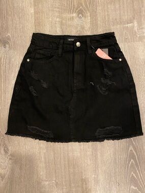 PrettyLittleThing Black Distressed Denim Mini Skirt